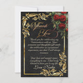 Roses, Gold Leaves & Tiara - Black Quinceanera サンキューカード (正面)