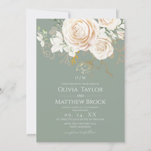 Roses Gold & Sage Green Floral Wedding 招待状 (正面)