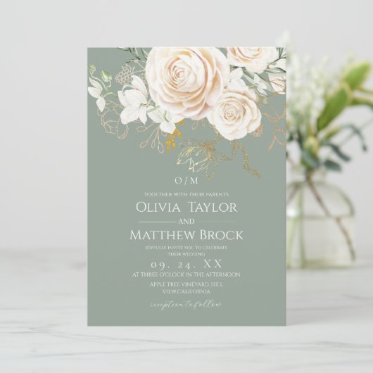 Roses Gold & Sage Green Floral Wedding 招待状 (スタンド正面)