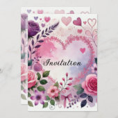 Roses hearts Valentine floral pastel watercolor 招待状 (正面/裏面)