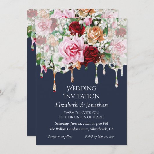 Roses on Blue Customizable Wedding Invitation (正面/裏面)