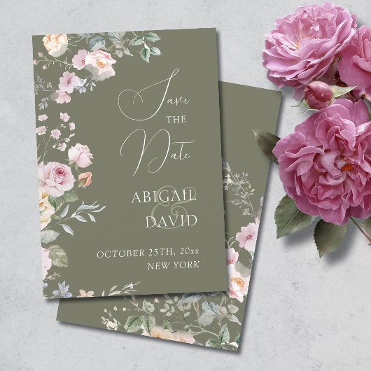 Roses on Olive Green Wedding Save The Date セーブザデート
