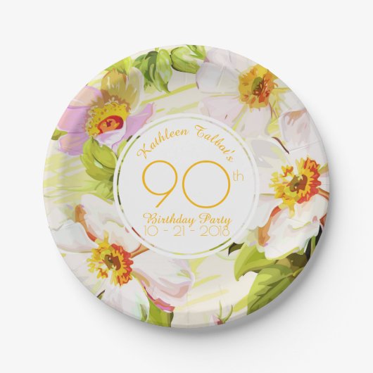 Roses Peonies 90th Birthday Party Paper Plate ペーパープレート (正面)