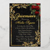 Roses, Photo & Gold Frame - Black Quinceanera  箔招待状 (正面)