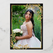 Roses, Photo & Gold Frame - Black Quinceanera  箔招待状 (裏面)