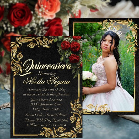 Roses, Photo & Gold Frame - Black Quinceanera  箔招待状