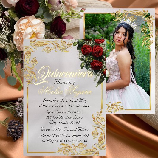 Roses, Photo & Gold Frame - Pearl Quinceanera  箔招待状