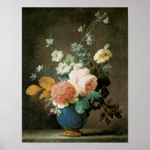 Roses, Ranunculus and Other Flowers in a Blue Vase ポスター