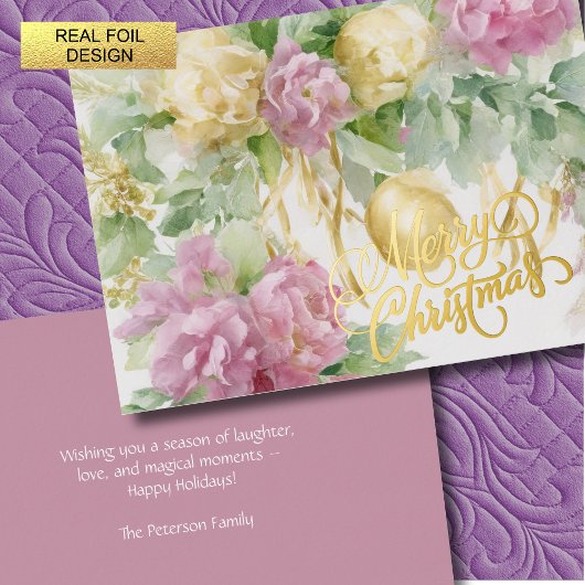 Roses Satin Ribbon Evergreen Mauve Cream Christmas 箔シーズンカード