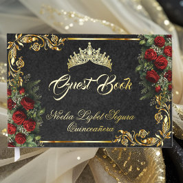 Roses, Tiara & Gold Leaves - Black ゲストブック
