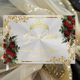 Roses, Tiara & Gold Leaves - Pearl White ゲストブック