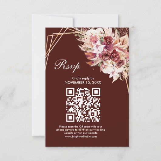 Rosewood Gold Frame QR Code Wedding RSVP Card (正面)