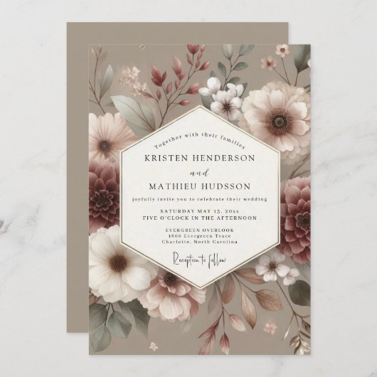 Rosewood Muted Bloom Wedding 招待状 (正面/裏面)