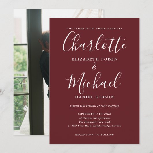 Rosewood Pink Elegant Modern Script Photo Wedding 招待状 (正面/裏面)