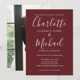 Rosewood Pink Elegant Modern Script Photo Wedding 招待状