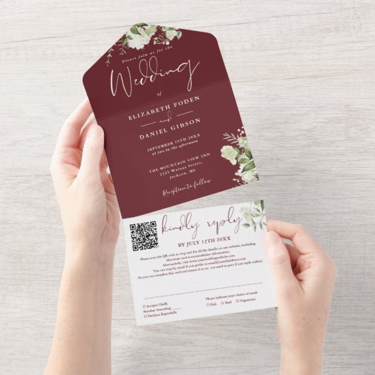 Rosewood Pink Greenery Monogram QR Code Wedding オールインワン招待状 (貼ってはがせる)