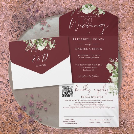 Rosewood Pink Greenery Monogram QR Code Wedding オールインワン招待状