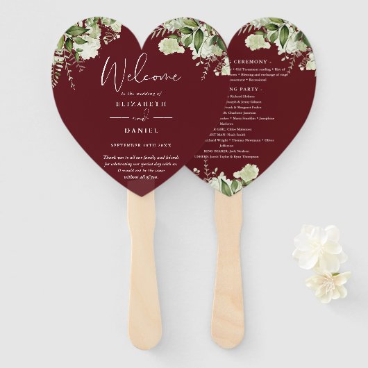 Rosewood Pink Greenery Wedding Program Heart ハンドファン (正面&裏面)