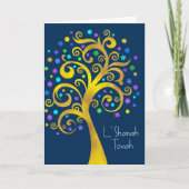 Rosh Hashana Blue Gold Foil Tree of Life on Navy カード (正面)