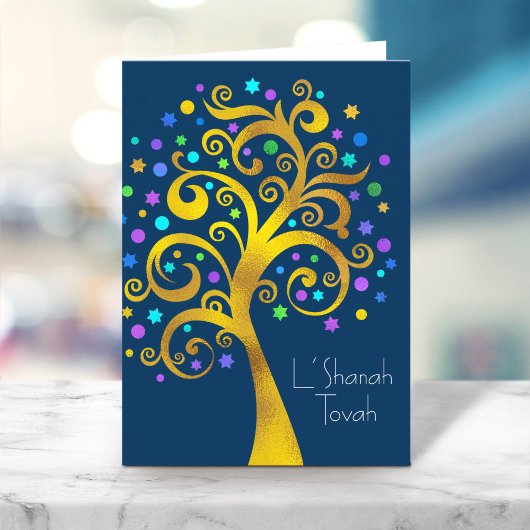 Rosh Hashana Blue Gold Foil Tree of Life on Navy カード