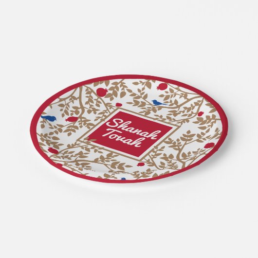 Rosh Hashanahユダヤ正月の鳥とザクロ ペーパープレート (アングル)