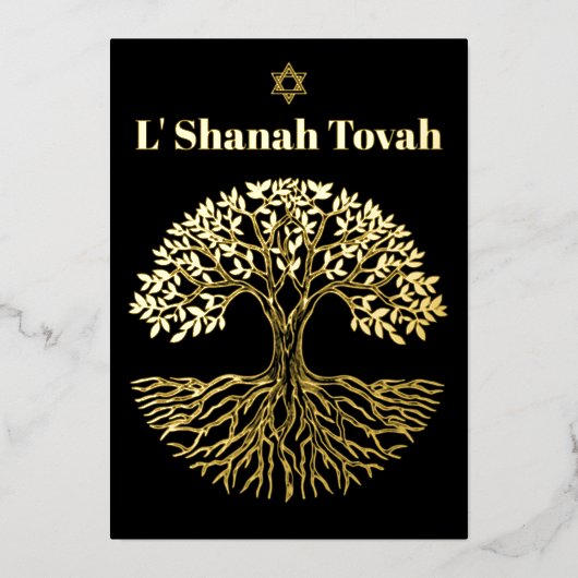 Rosh Hashanah Gold Foil Tree of Life Black 箔シーズンカード (正面)