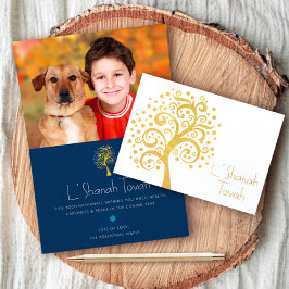 Rosh Hashanah Navy Tree of Life写真実在金ゴールド 箔カード