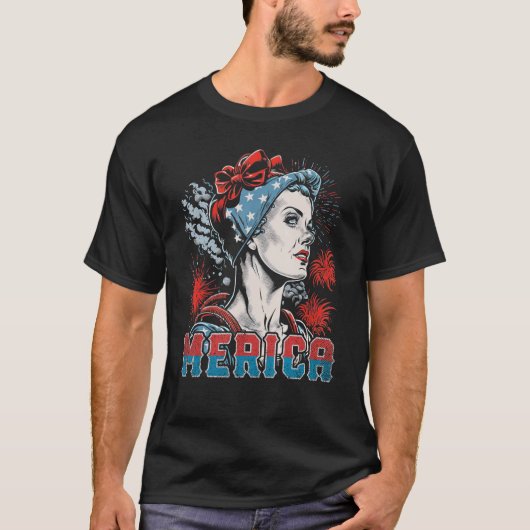 Rosie The Riveter 4th of July USA母の日Ame Tシャツ (正面)