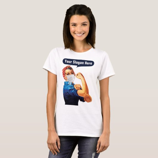 Rosie The Riveter With Mask – 独自のスローガンを追加 Tシャツ (正面フル)
