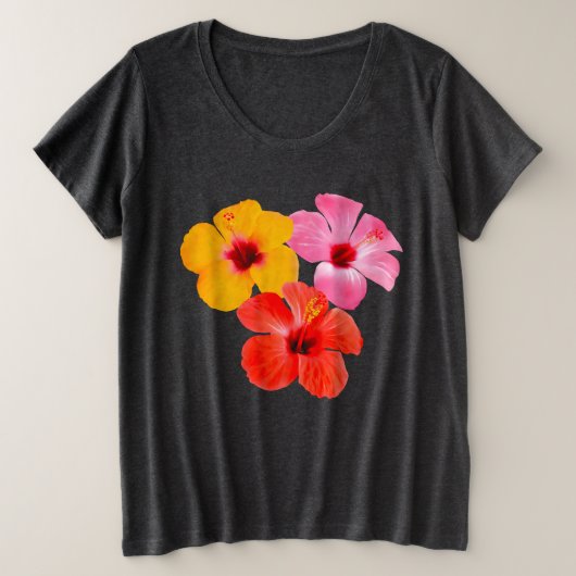 Rot Orange Pink Hibiskus Blumen プラスサイズTシャツ (デザイン正面)
