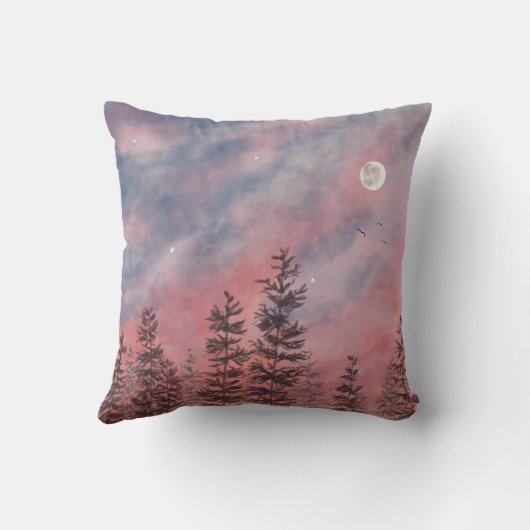 Roter Sonnenuntergang über dem Wald クッション (裏面)