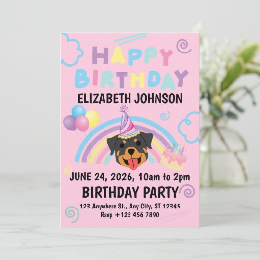 Rottweiler Birthday Party Invitation Pink 招待状 (スタンド正面)