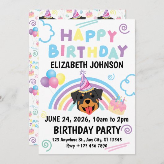 Rottweiler Birthday Party Invitation White 招待状 (正面/裏面)