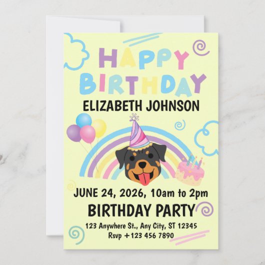 Rottweiler Birthday Party Invitation Yellow 招待状 (正面)