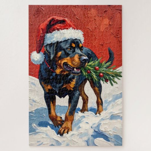 Rottweiler Carrying Christmas Tree Sapling Hat ジグソーパズル (縦)