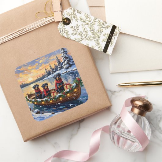 Rottweiler Christmas Boat Holiday スクエアシール (ギフト)