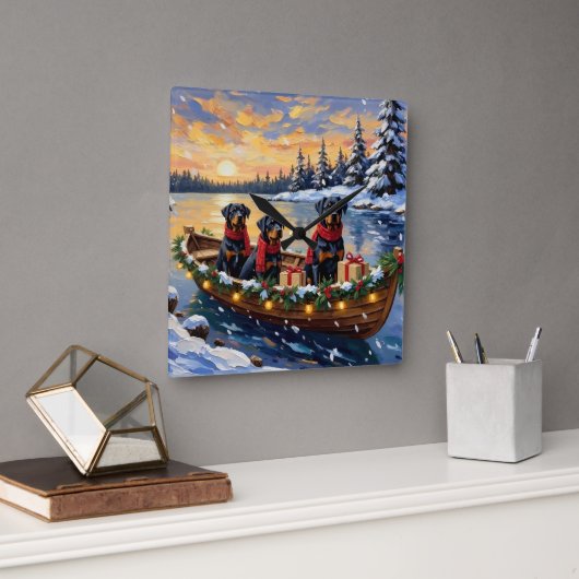 Rottweiler Christmas Boat Holiday スクエア壁時計 (オフィス)