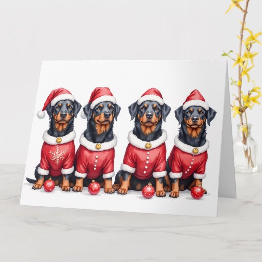 Rottweiler Christmas Dress Santa Hat カード (黄色い花)