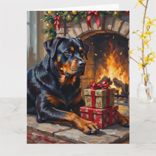 Rottweiler Christmas Fireplace Guardian カード (黄色い花)