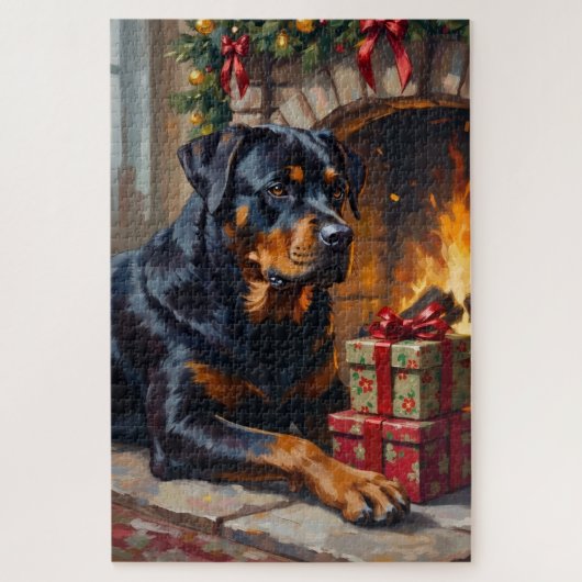 Rottweiler Christmas Fireplace Guardian ジグソーパズル (縦)