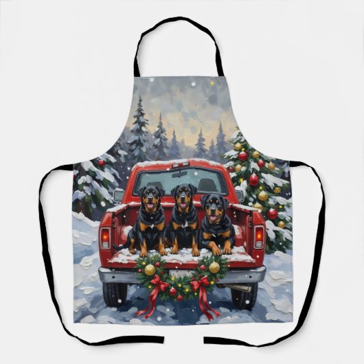 Rottweiler Christmas Red Truck Holiday エプロン (正面)