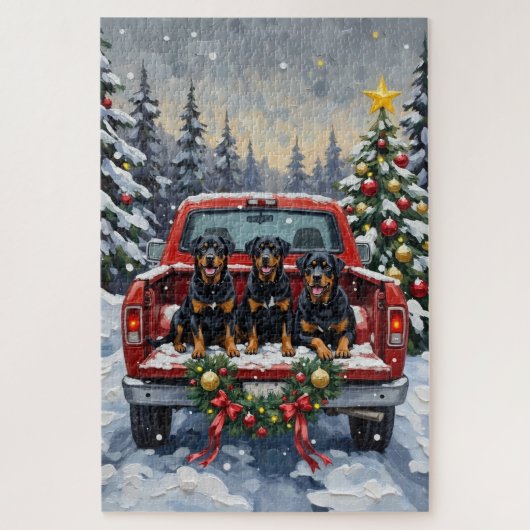 Rottweiler Christmas Red Truck Holiday ジグソーパズル (縦)