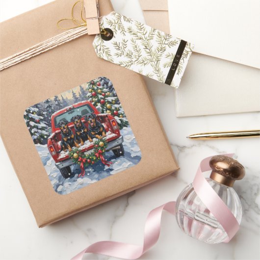 Rottweiler Christmas Red Truck Holiday スクエアシール (ギフト)