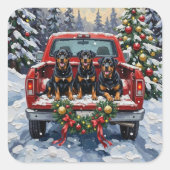 Rottweiler Christmas Red Truck Holiday スクエアシール (正面)