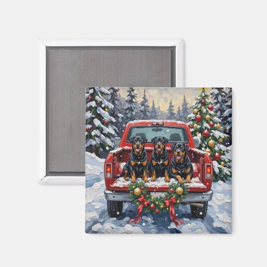 Rottweiler Christmas Red Truck Holiday マグネット (正面/裏面)