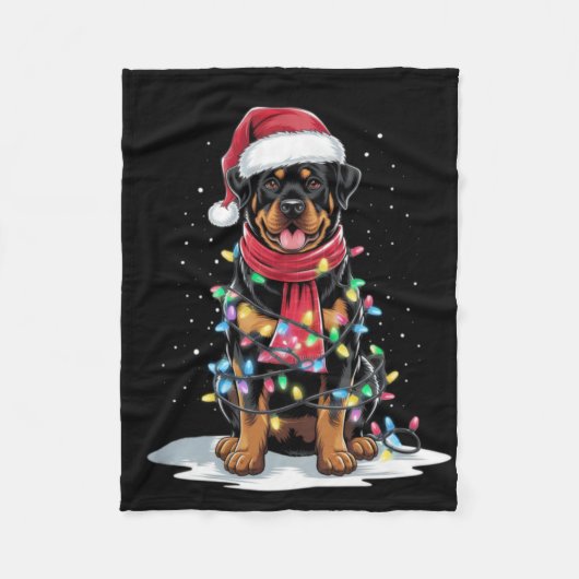 Rottweiler Christmas Tree Santa Hat Lights Xmas Do フリースブランケット (正面)