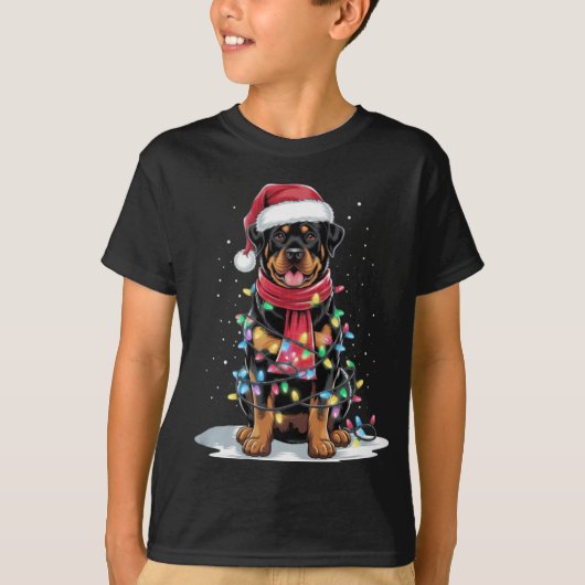 Rottweiler Christmas Tree Santa Hat Lights Xmas Do Tシャツ (正面)