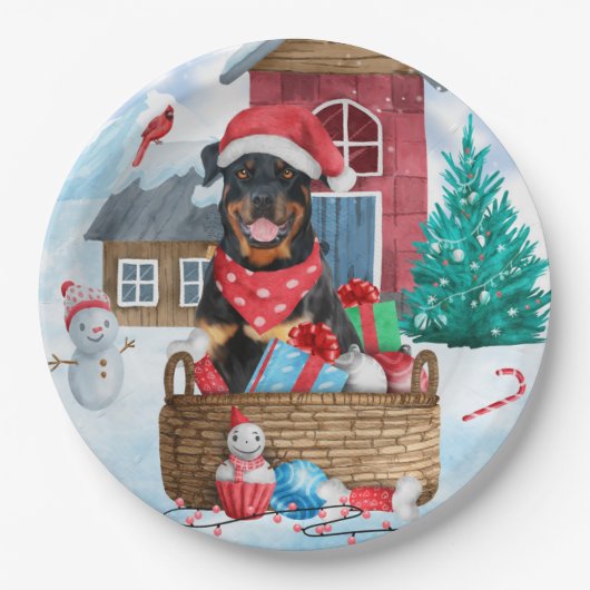 Rottweiler Dog In snow Christmas Dog House ペーパープレート (正面)