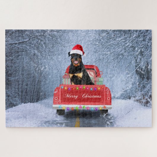 Rottweiler Dog in Snow sitting in Christmas Truck  ジグソーパズル (横)