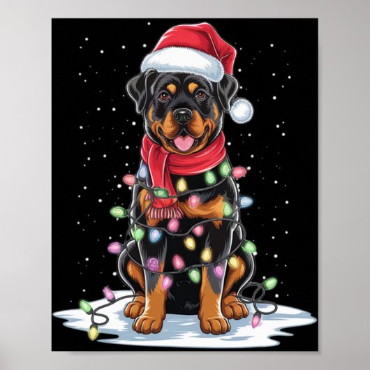 Rottweiler Dog Santa Hat Christmas Tree Light Xmas ポスター (正面)